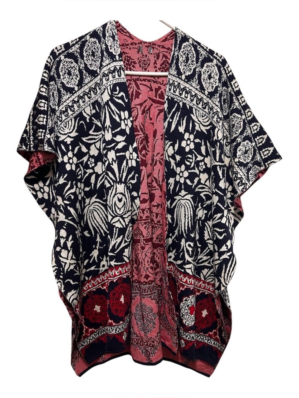 CHICOS Red Navy White Cape Shawl Poncho Wrap One Size 55% Silk, 45% Cotton